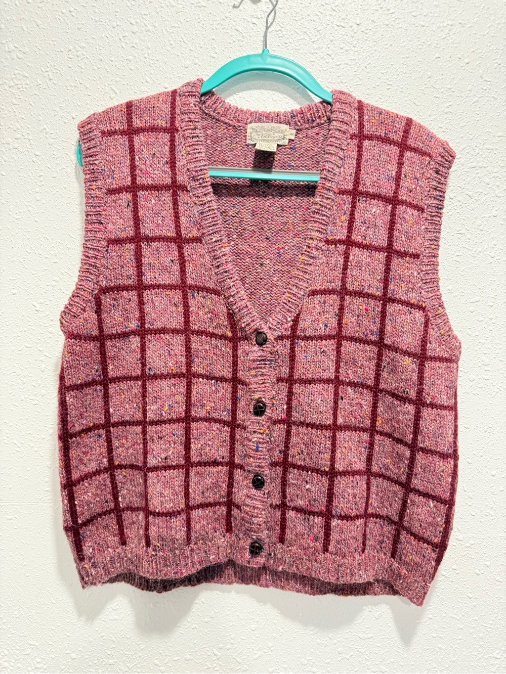 Vintage villager wool blend Plum and Burgundy Windowpane Knit Vest L - Picture 5 of 9
